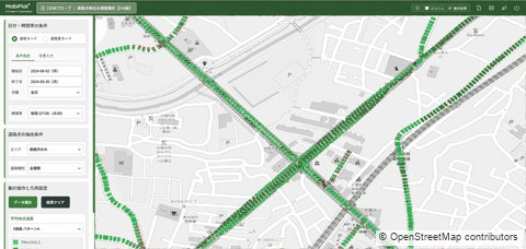 道路点単位の速度集計結果を地図表示した画面