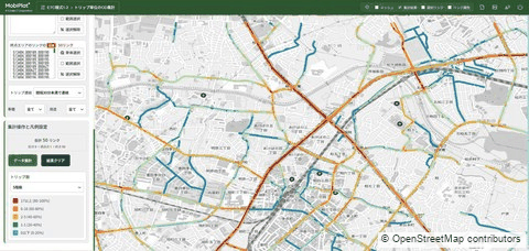 トリップ単位のOD集計結果を地図表示した画面
